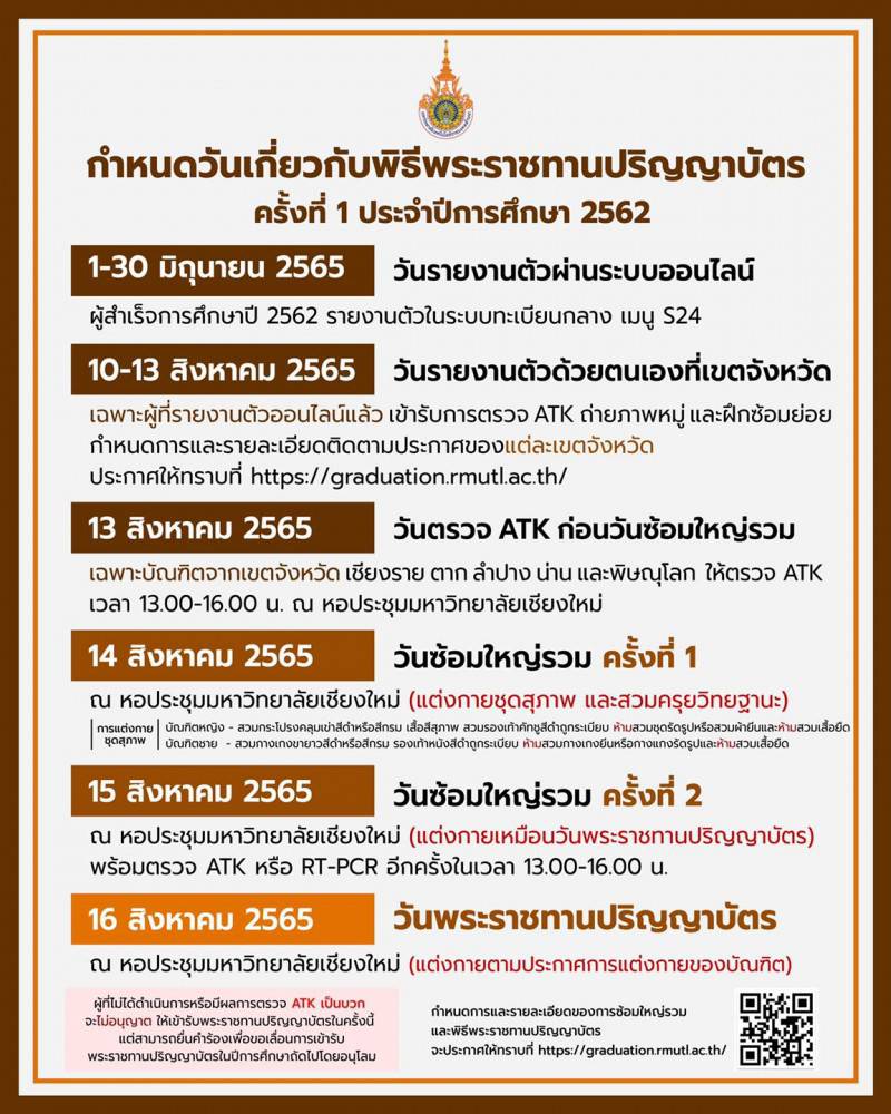 เชียงใหม่ - เทคโนโลยีราชมงคลล้านนา จัดพิธีพระราชทานปริญญาบัตร 16 สิงหาคม นี้